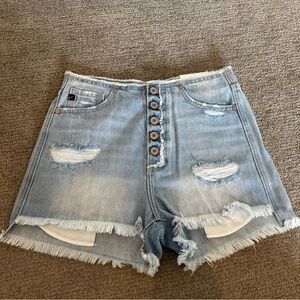 KanCan Blue Distressed Jean Shorts with Raw Hem